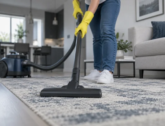 A cleaner wiping down a counter